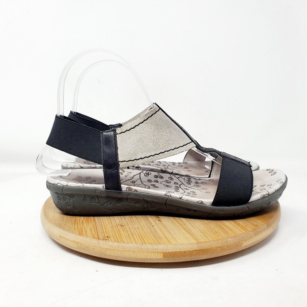 Wonders Fly Sandals Womens 37 Black‎ Grey Low Wedge Elastic Strap Comfort Shoes